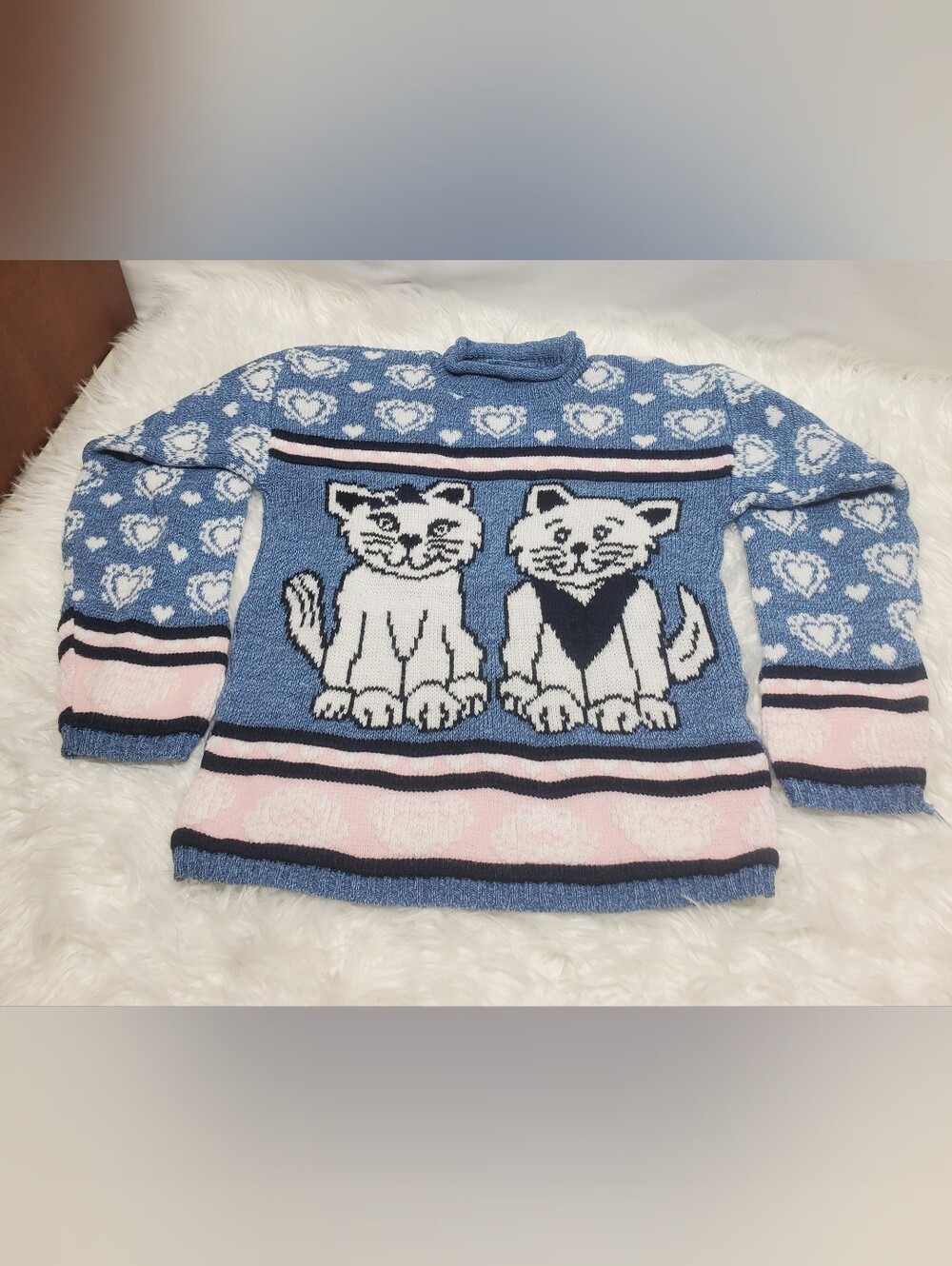 Vintage 80s kids sweater cats hearts rare y2k blue pink kittens top